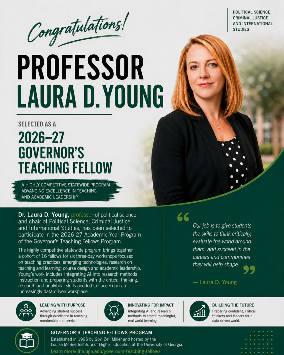 Recognition announcement for Laura D. Young as a 2026–27 Governor's Teaching Fellow