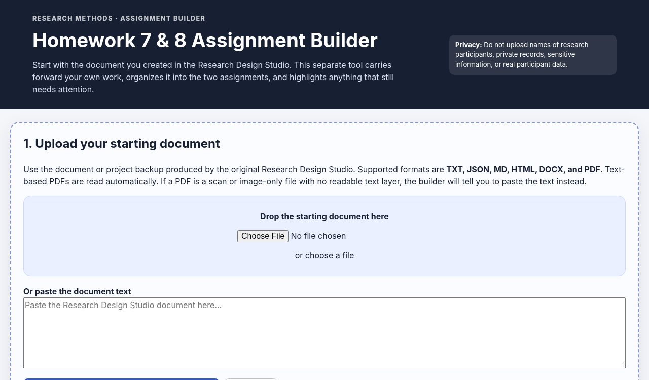 Screenshot of research design homework builder interface