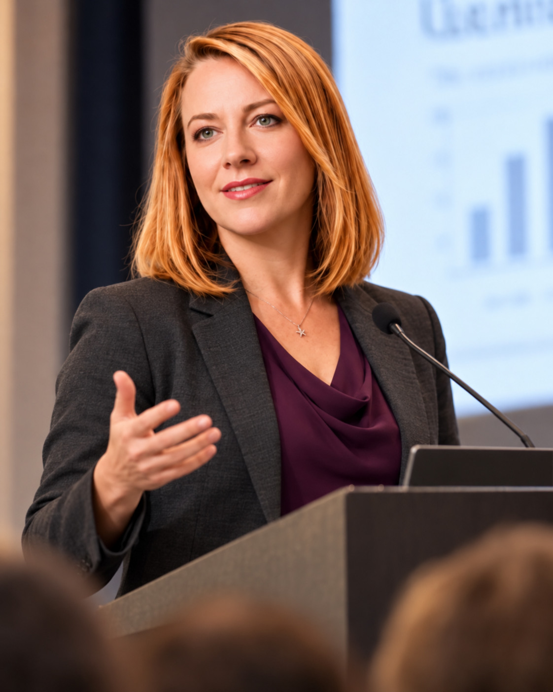 Illustrative portrait of Laura D. Young speaking at an academic conference