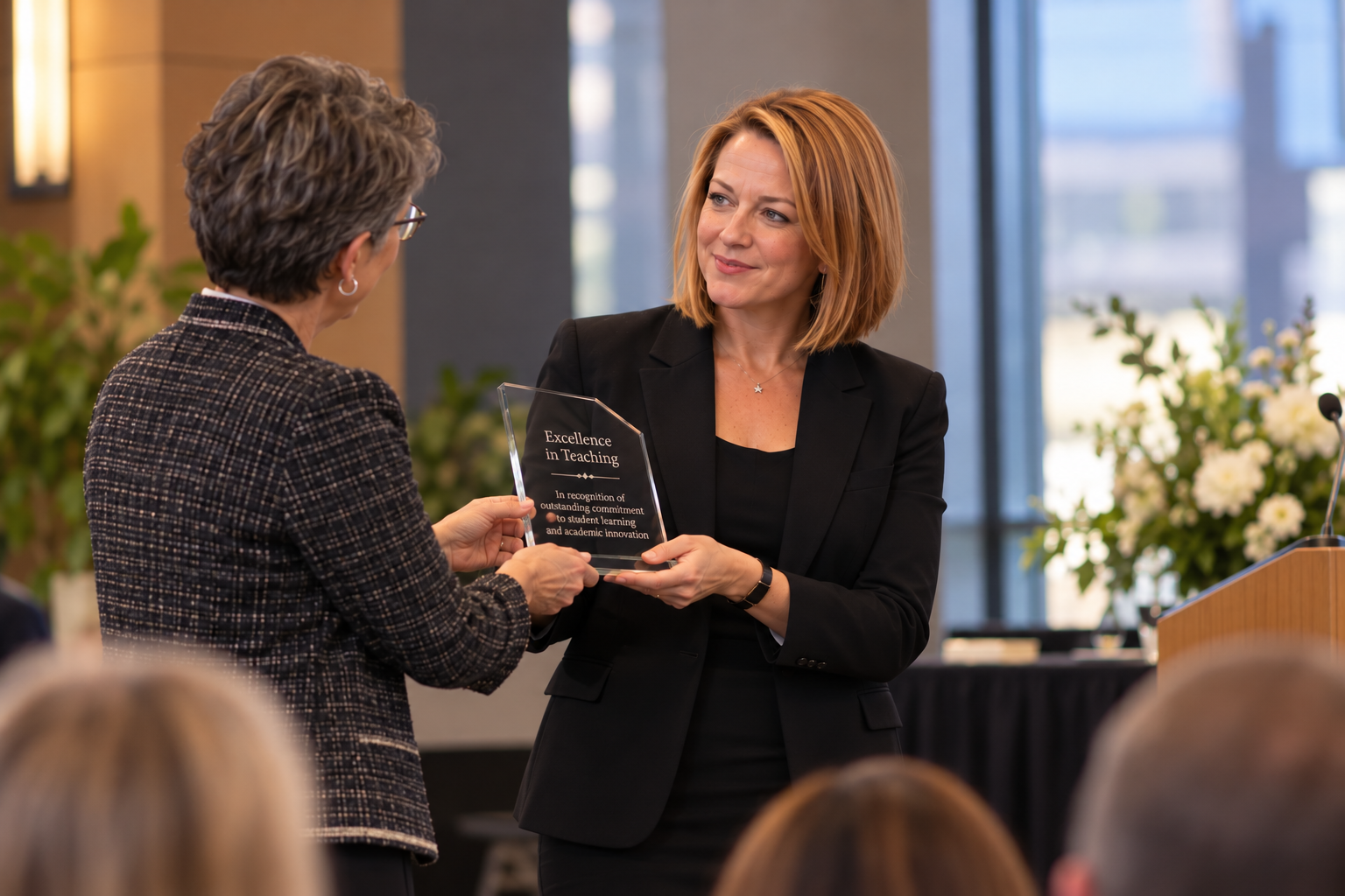 Illustrative award-ceremony scene showing Laura D. Young receiving a teaching-excellence award